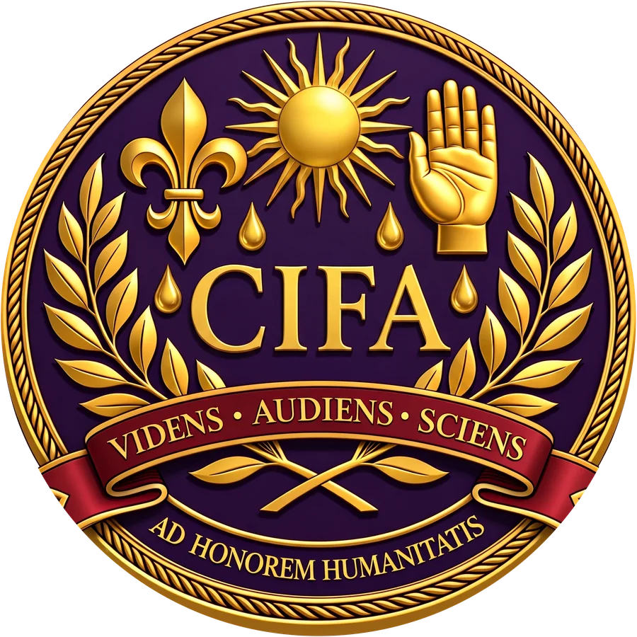 ختم CIFA: إكليل الغار وزهرة الزنبق والشمس واليد حول اسم CIFA